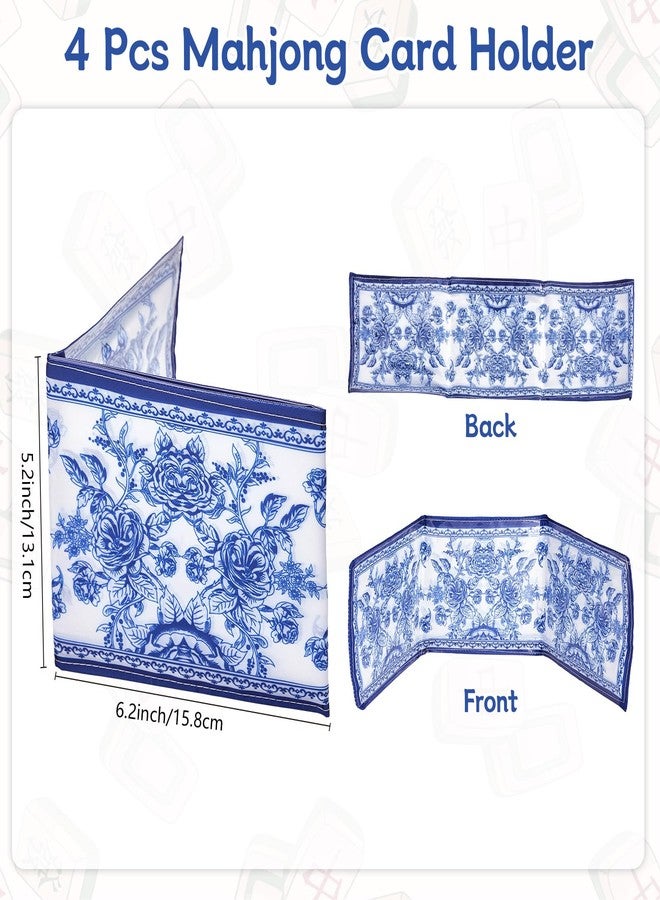 Bornerwhite 4 Pack Chinoiserie Mahjong Card Holder Fit Large Print Size(6 1/8”x4 3/4”) Blue Chinoiserie Print Mahjong Card Sleeve Fabric Plastic Soft Scorecard Cover Mahjongg Card Protector Set Gifts - Image 2